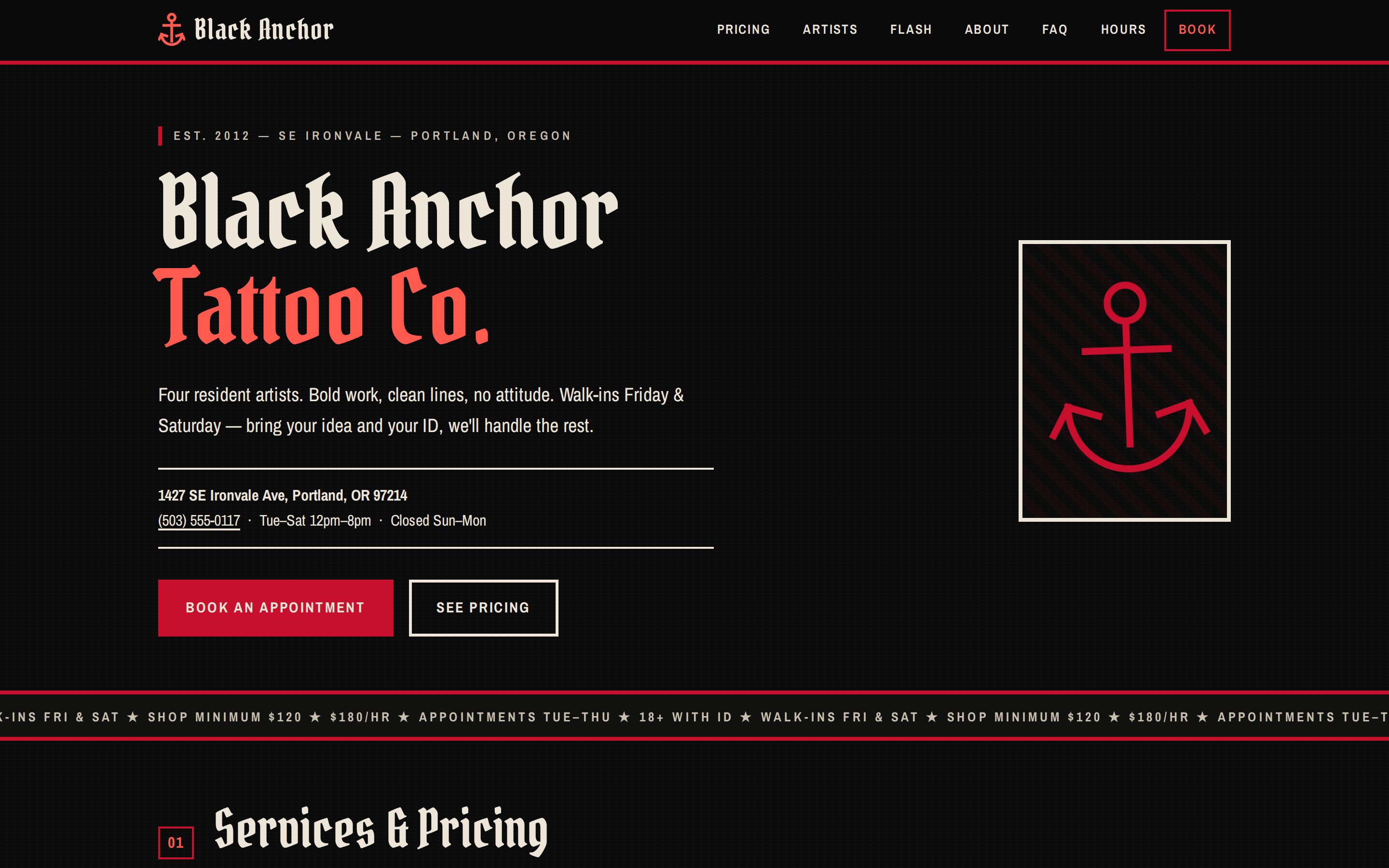 Black Anchor Tattoo Co. website — Portland, OR