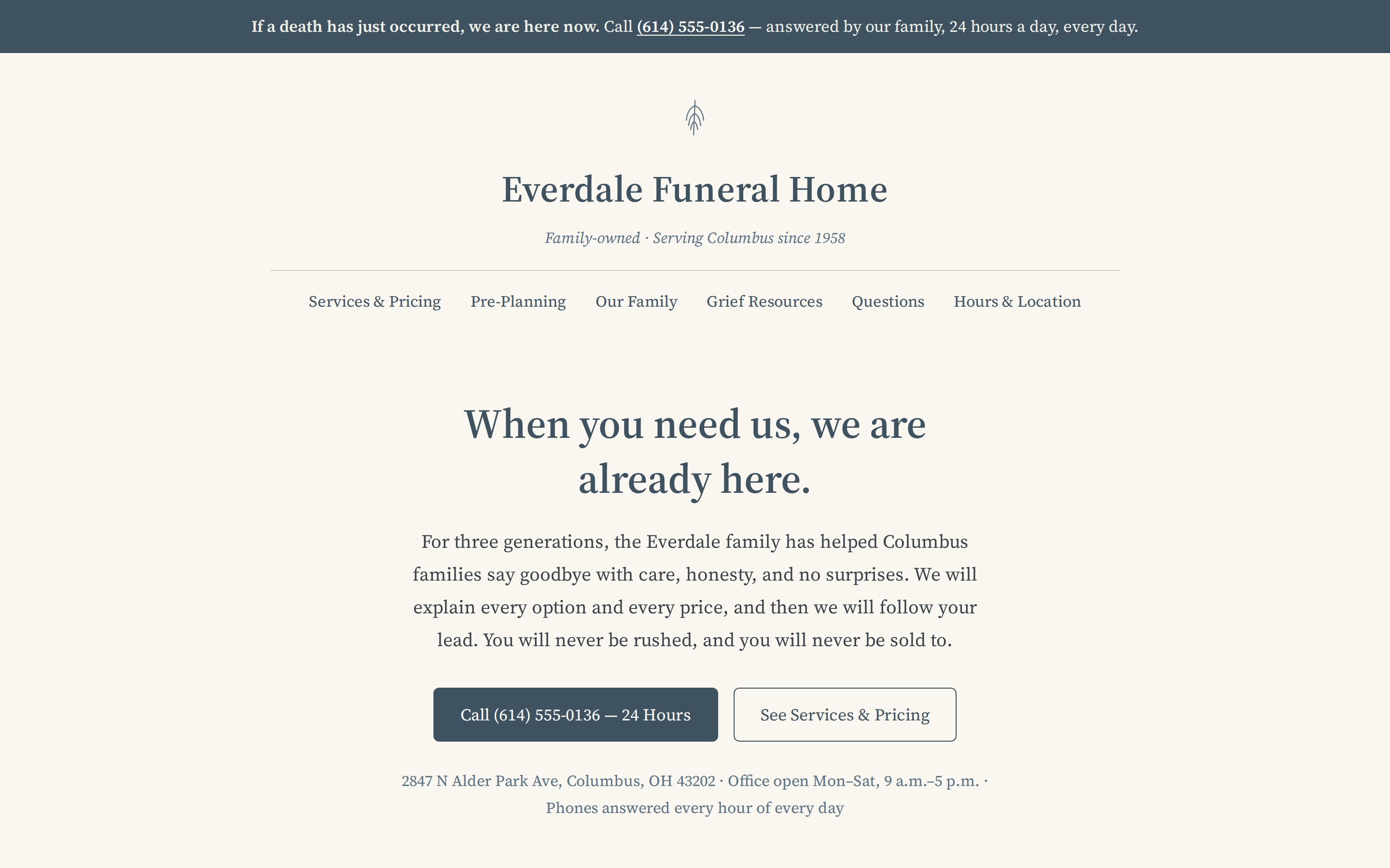 Everdale Funeral Home website — Columbus, OH