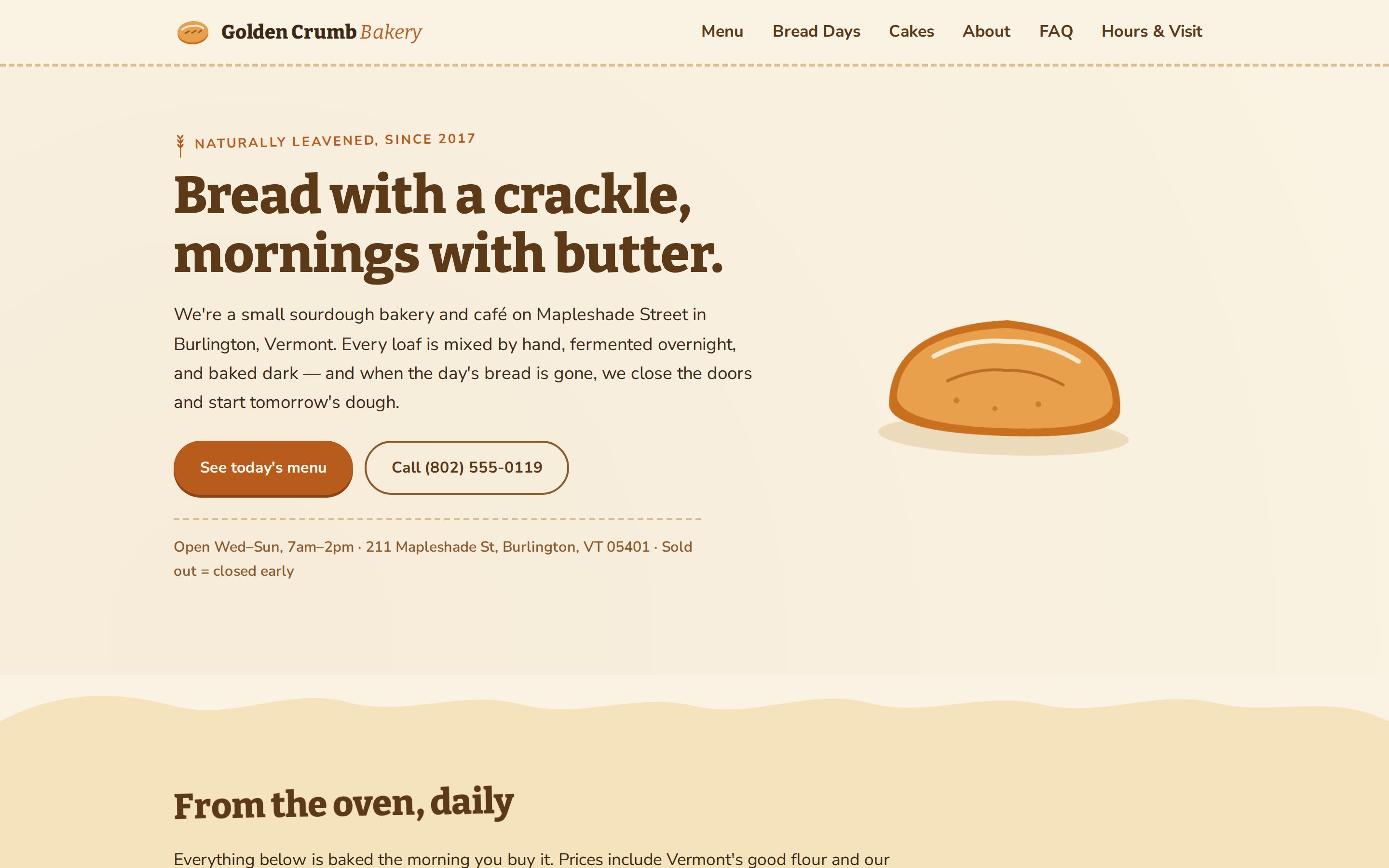 Golden Crumb Bakery website — Burlington, VT