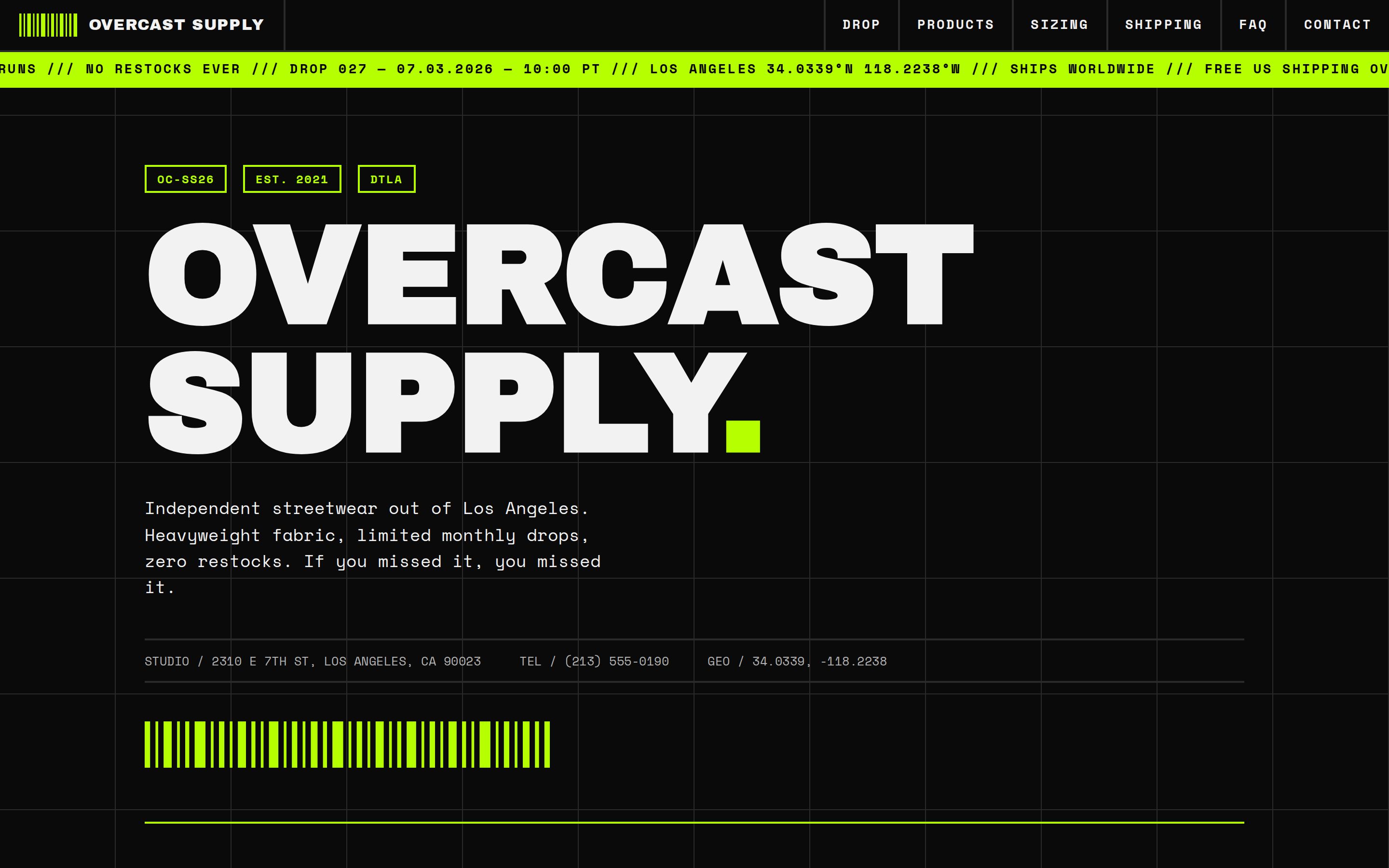 Overcast Supply streetwear website — Los Angeles
